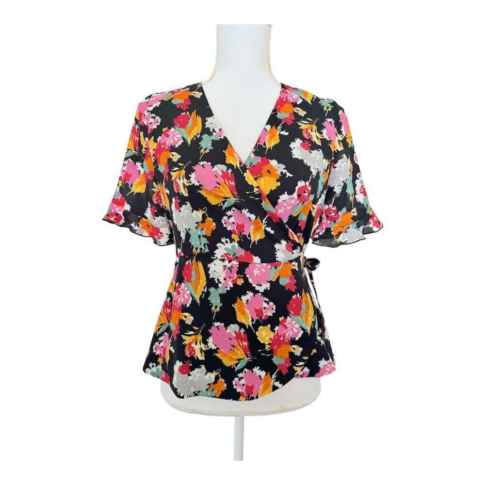 NWT Zara Trafaluc Women's Abstract Multicolor Floral Wrap Blouse Size M
